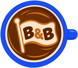 Flag Break logo: a blue coffee cup seen from above with a B&B flag in the latte foam